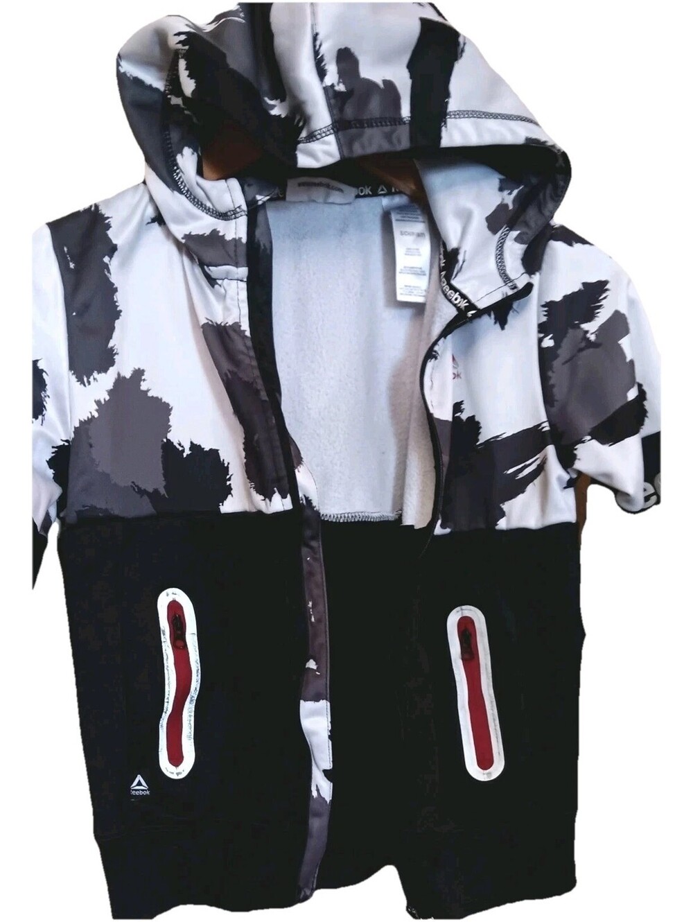 Reebok Jacket Boys 6/7 Small Camo & Black Windbreaker Hoodie Youth Full Zip Logo